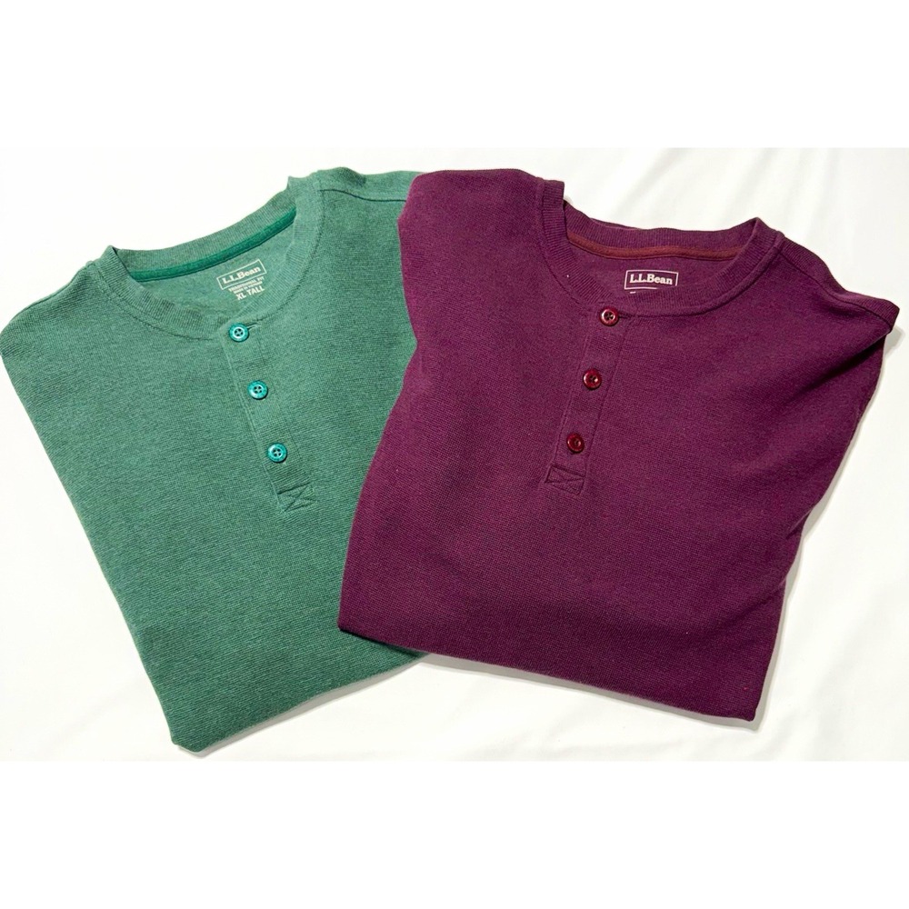 L.L.Bean Mens Traditional Fit Henley T-Shirt Lot 2 XL Tall Green Purple Cotton